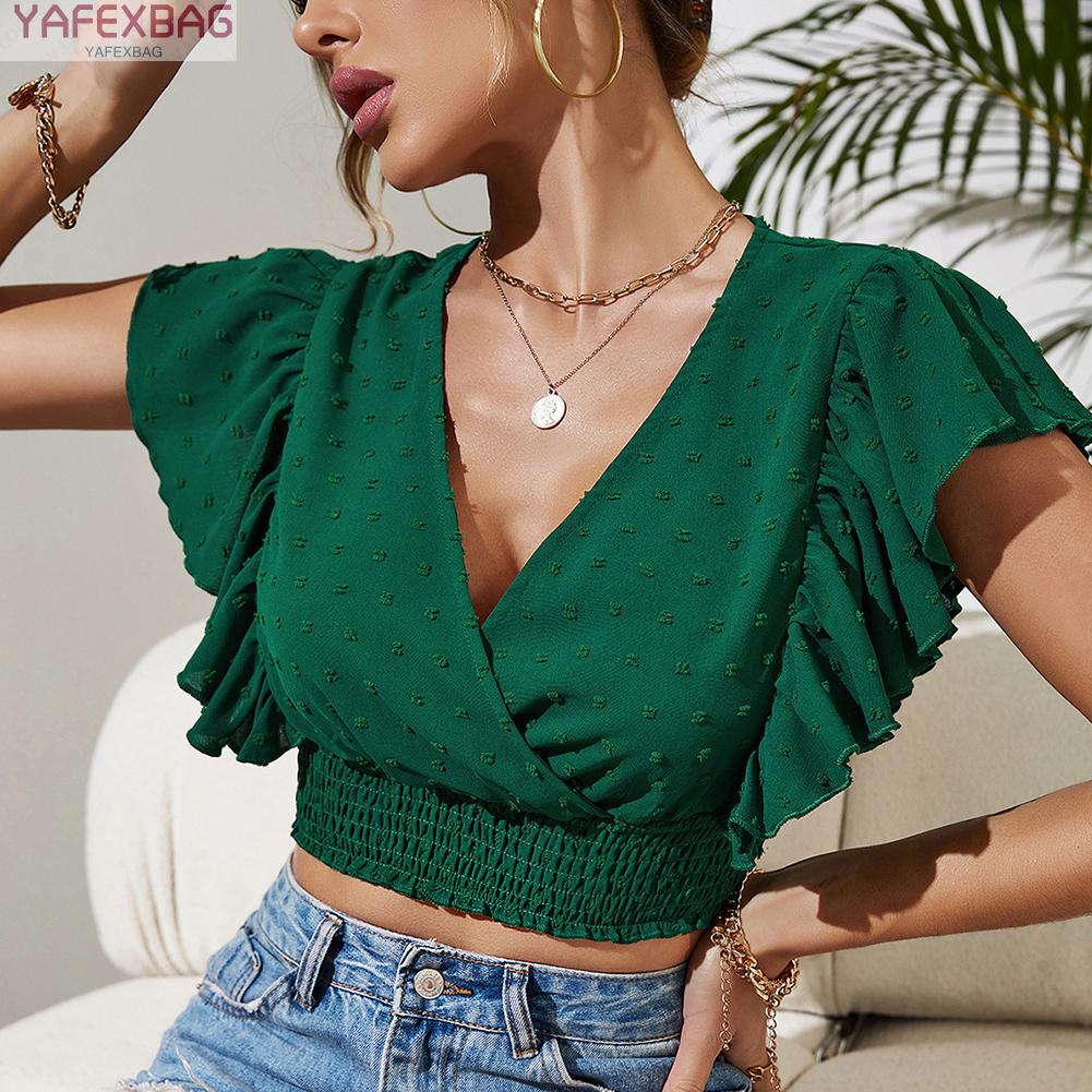 Áo Crop Top Tay Ngắn Cổ Chữ V Màu Sắc Đất Thanh Lịch Dành Cho Nữ