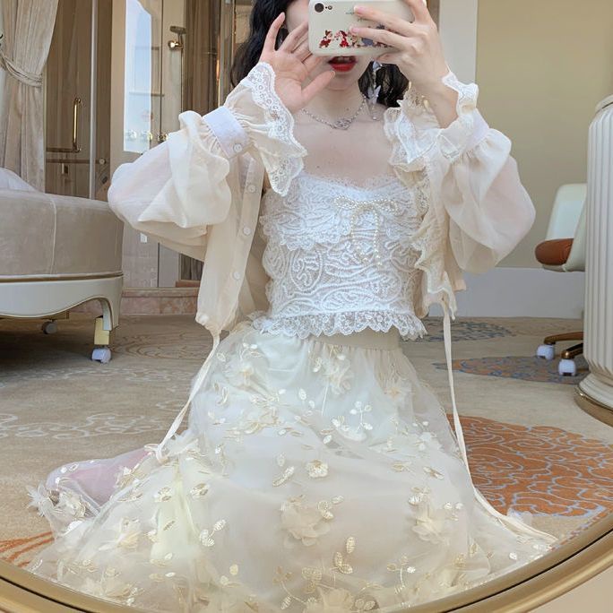 Mới Set Áo Váy Lưới Ba Chiều Eo Cao Vừa Phải + Dây Buộc Nơ Ngọc Trai + Áo Khoác Cardigan