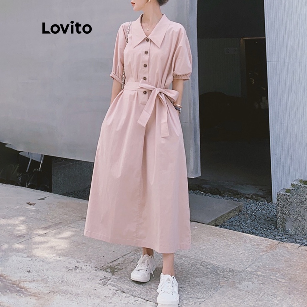 Đầm Lovito tay ngắn dây buộc trơn kiểu dáng đơn giản cho nữ LNE12016 (màu hồng)