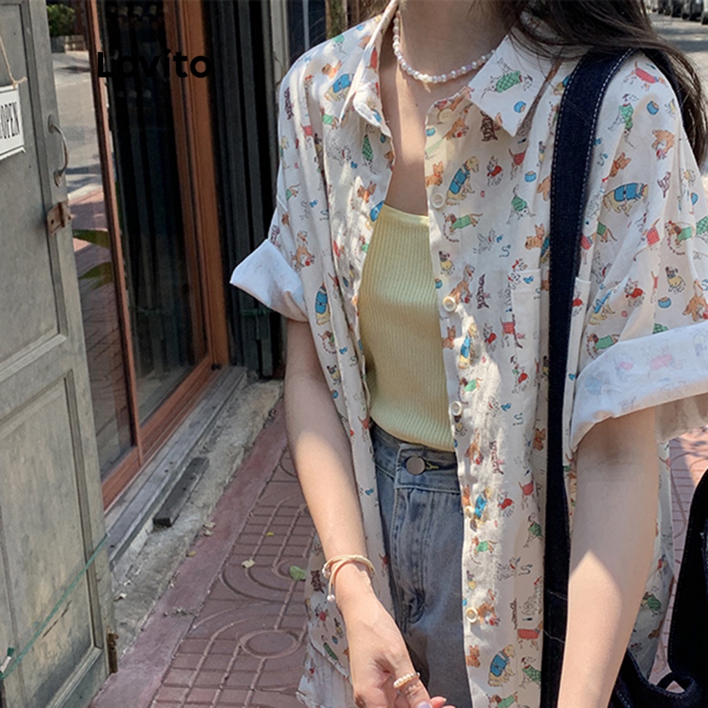 Lovito Áo kiểu ngắn tay họa tiết động vật thông thường cho nữ LNA12101 (Quả mơ)