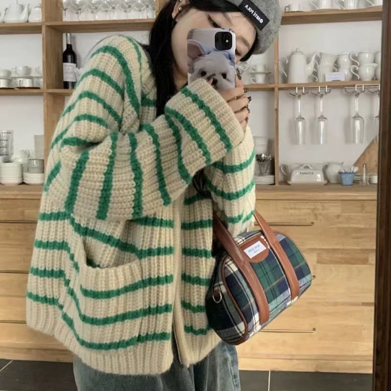 Áo Khoác Cardigan Dệt Kim Dáng Rộng Cổ Tròn Kẻ Sọc Kiểu Retro Pháp Xinh Xắn Cho Nữ