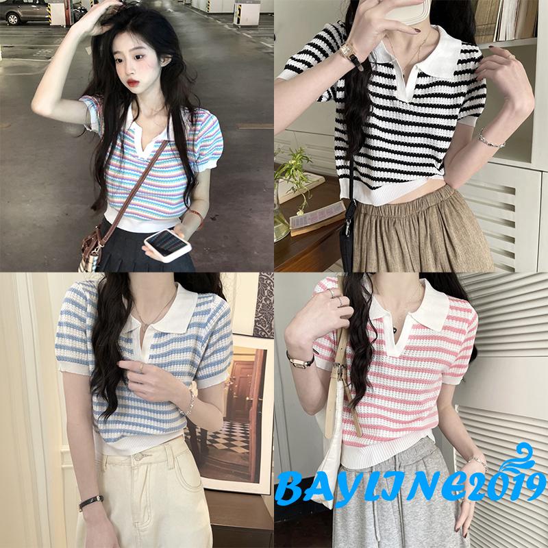 Áo Thun Dệt Kim Ngắn Tay Họa Tiết Kẻ Sọc Đơn Giản Phong Cách Đường Phố Mùa Hè Cho Nữ