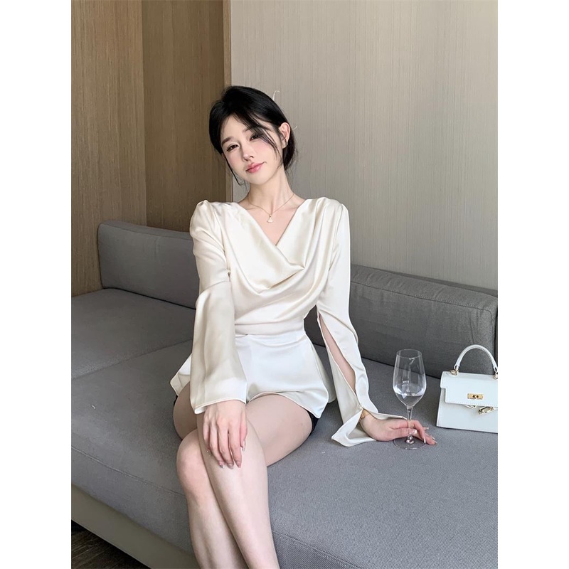 Áo sơ mi nữ dài tay cổ đổ Cotton Trơn thắt nơ eo CÓ SẴN 3 size S M L