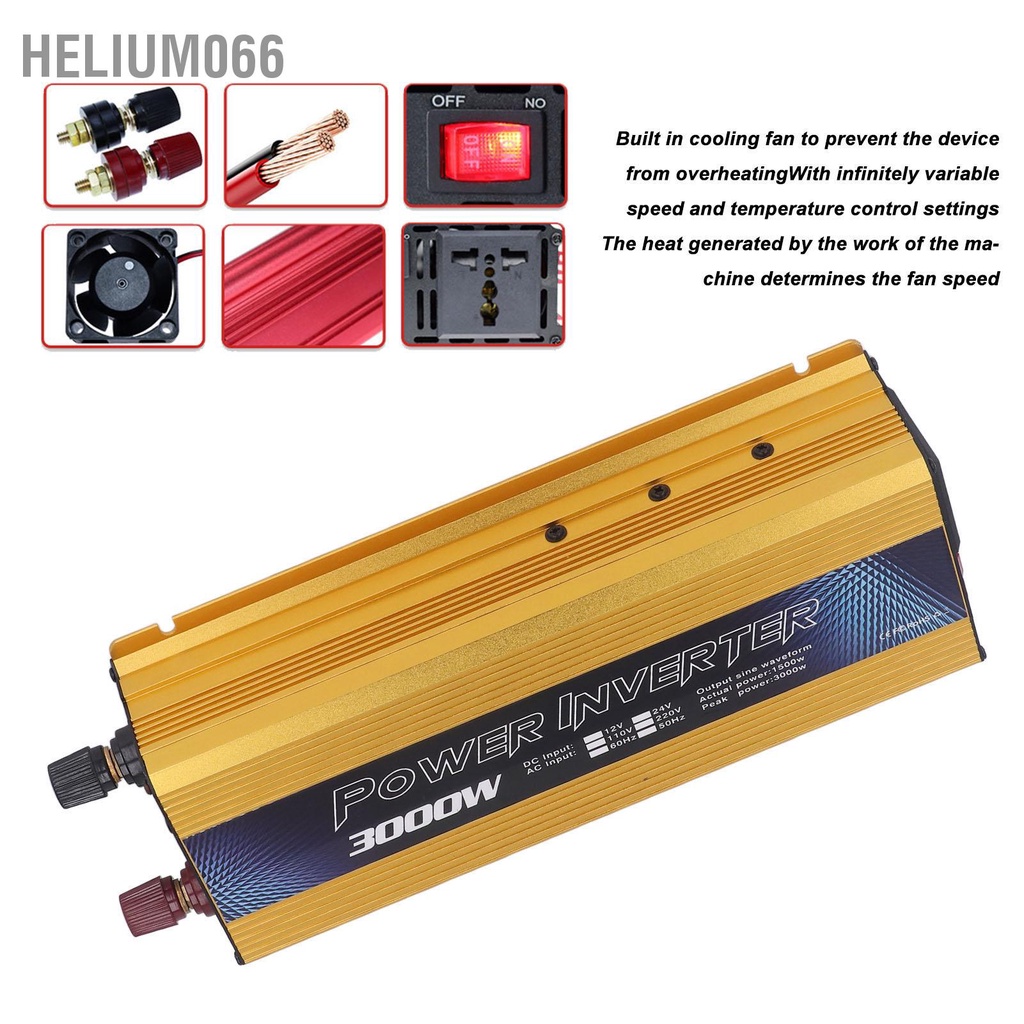 Helium066 Bộ chuyển đổi sóng sin biến tần ô tô có cổng USB Quạt làm mát 3000W DC 12V sang AC