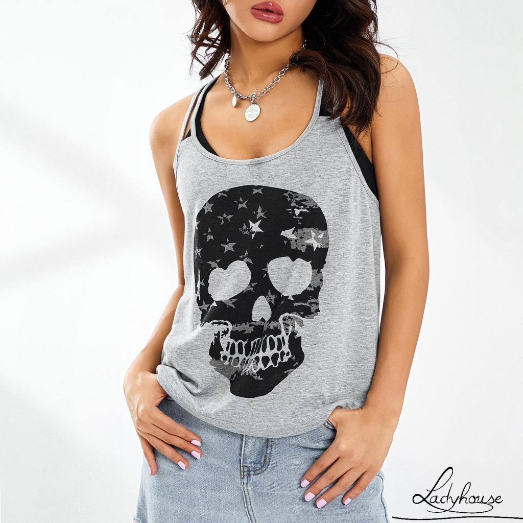 Áo Thun Sát Nách Hở Vai In Hình Đầu Lâu Thời Trang Xuân Hè Dành Cho Nữ