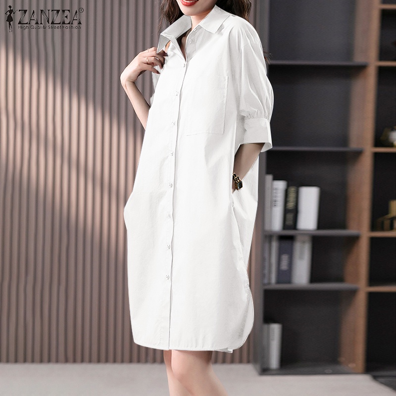 Đầm sơ mi nữ ZANZEA tay lửng phồng cổ bẻ thời trang Hàn Quốc