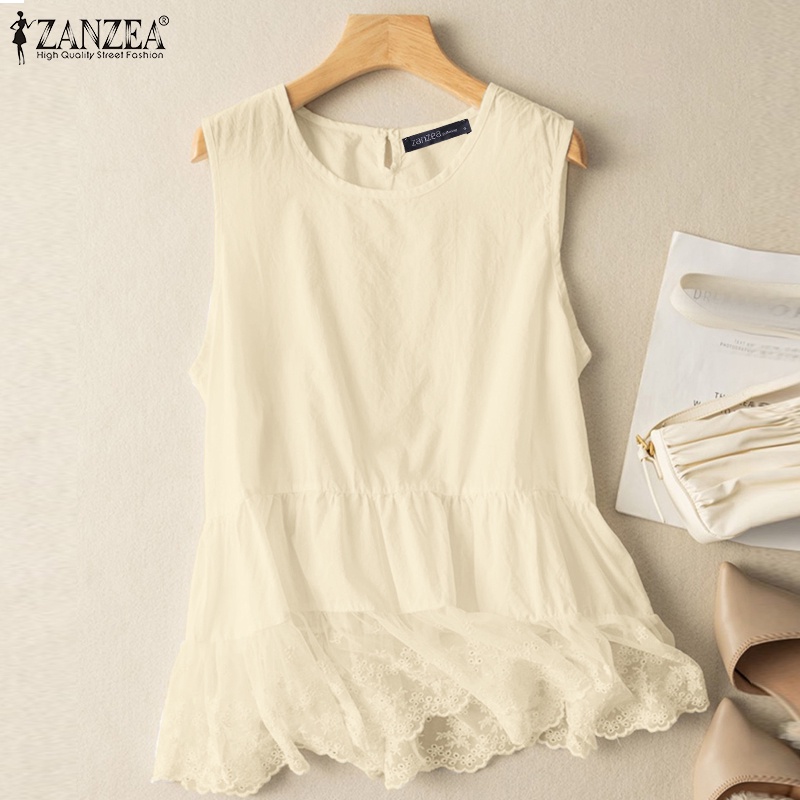 ZANZEA Áo Nữ Không Tay Cổ Tròn Phối Ren Thời Trang Quyến Rũ