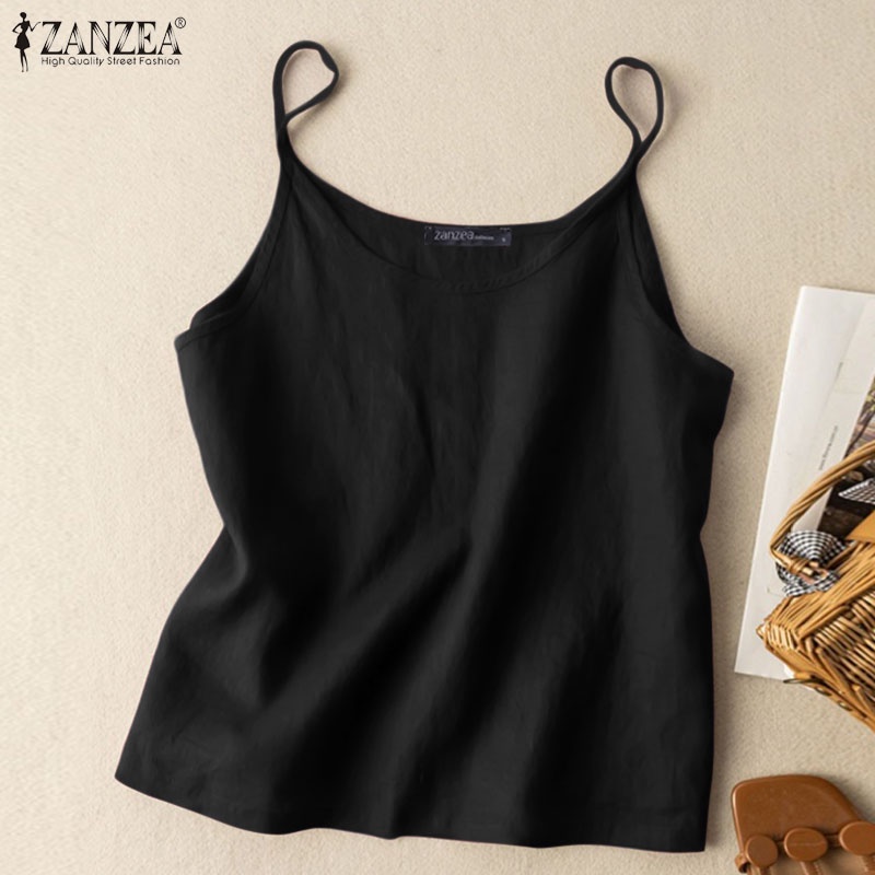 ZANZEA Áo Cotton Lanh Không Tay Cổ Tròn Thời Trang Cho Nữ