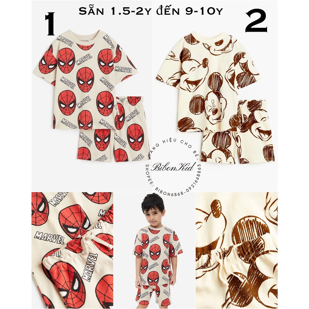 Bộ cộc cotton kids Spiderman/Mickey HM US/ES 1.5-2y đến 9-10y