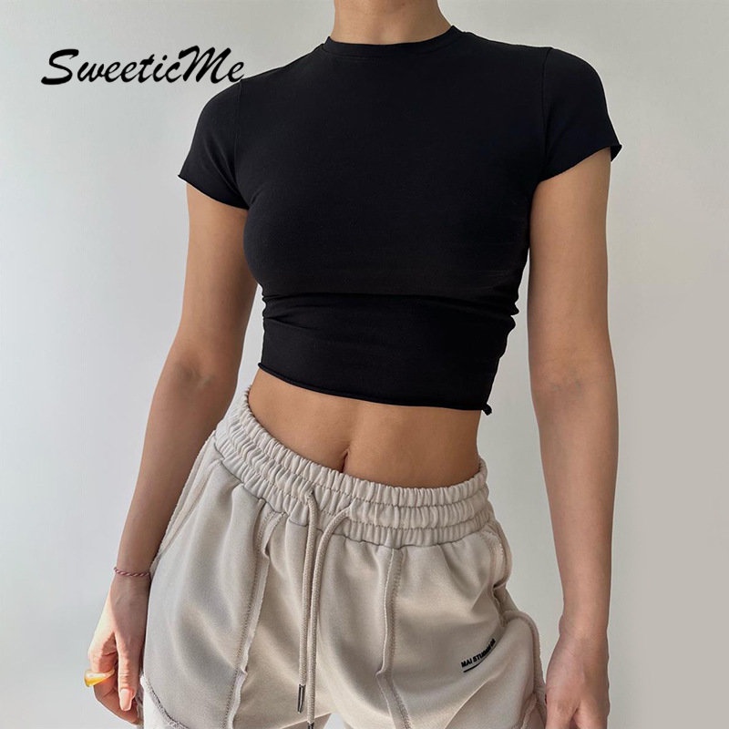 Áo Thun Croptop Cổ Tròn Màu Trơn Dáng Ôm Thời Trang 2023 Cho Nữ