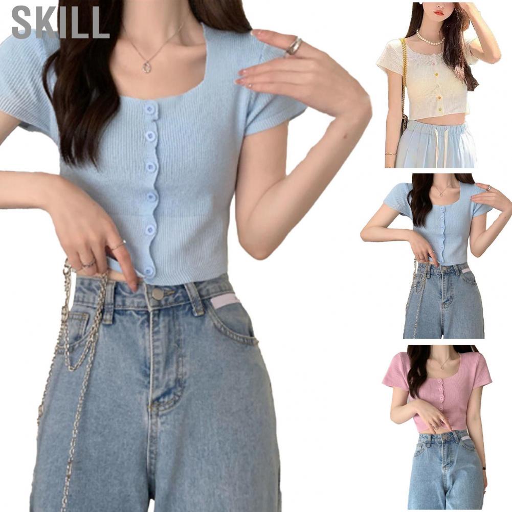Skill Women Summer Top  Pure Color Short Sleeve Breathable Soft Knitted T Shirt Fitting Fashionable for Vacation Outdoor