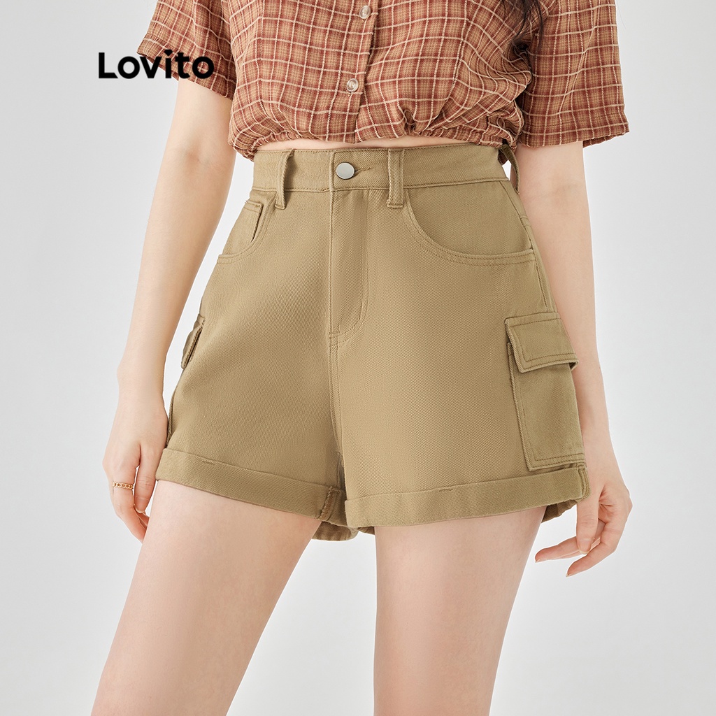 Quần short denim Lovito cạp vừa bạn trai màu trơn thường ngày cho nữ L49AD106