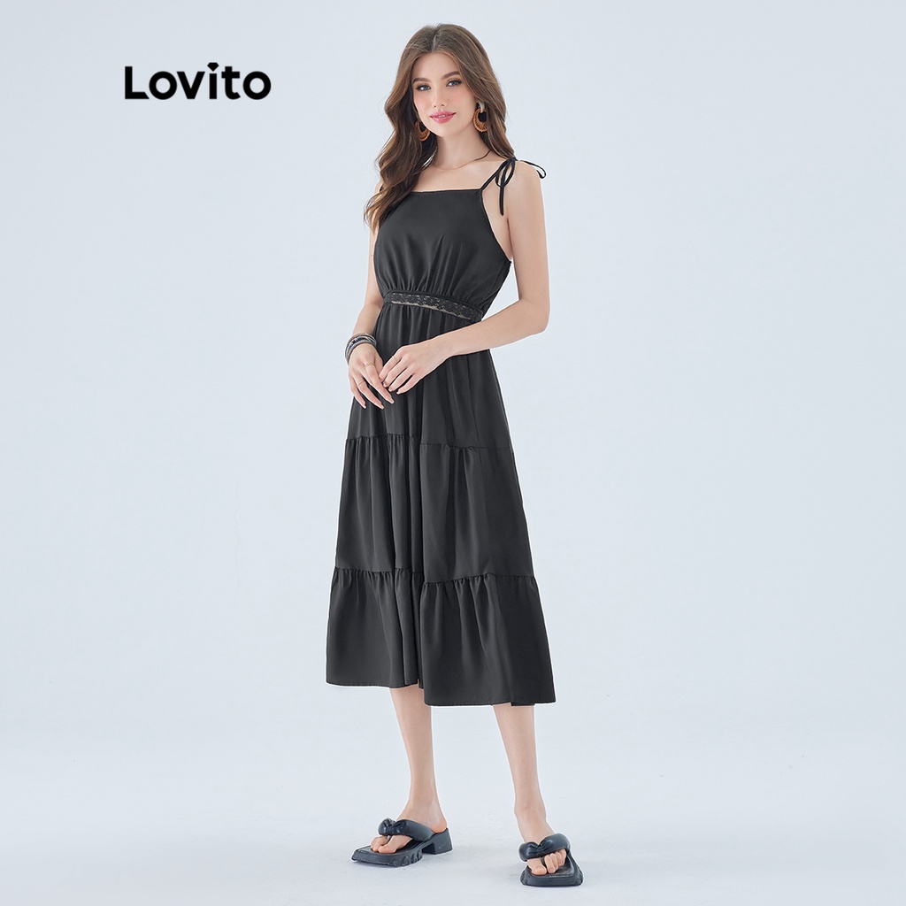Đầm midi Lovito dáng chữ A không tay phối ren màu trơn phong cách boho dành cho nữ L49ED104 (màu đen)