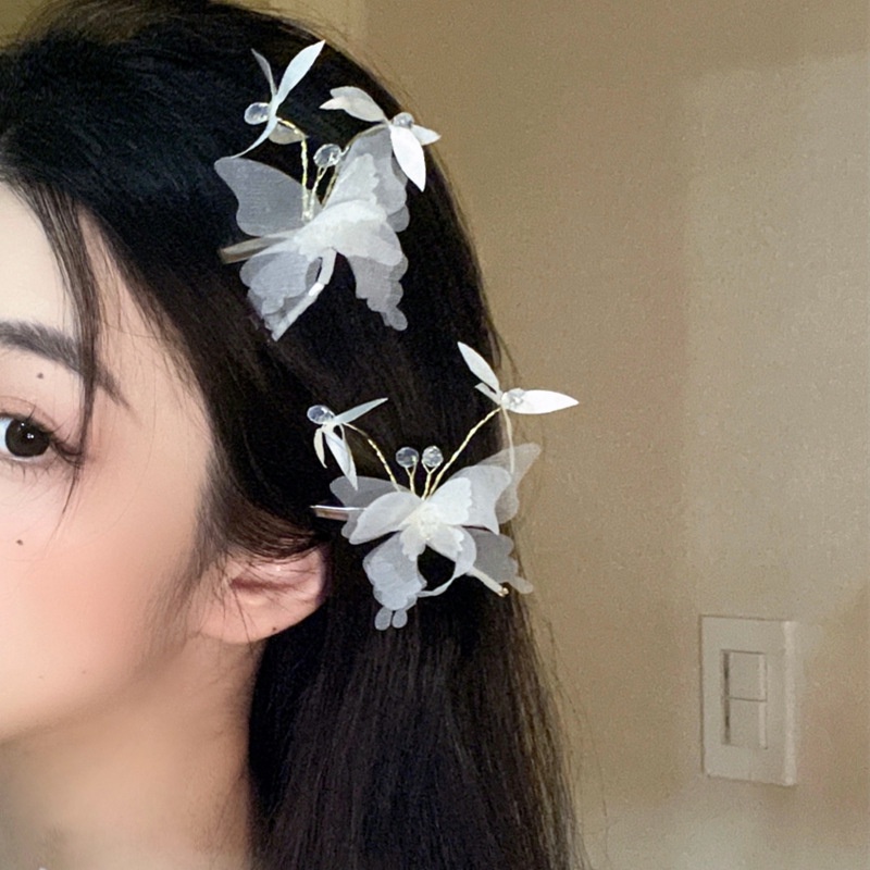Kẹp Tóc Hình Bướm Phối Lưới Màu Trắng Dễ Thương Phong Cách Hàn Quốc Cho Cô Dâu