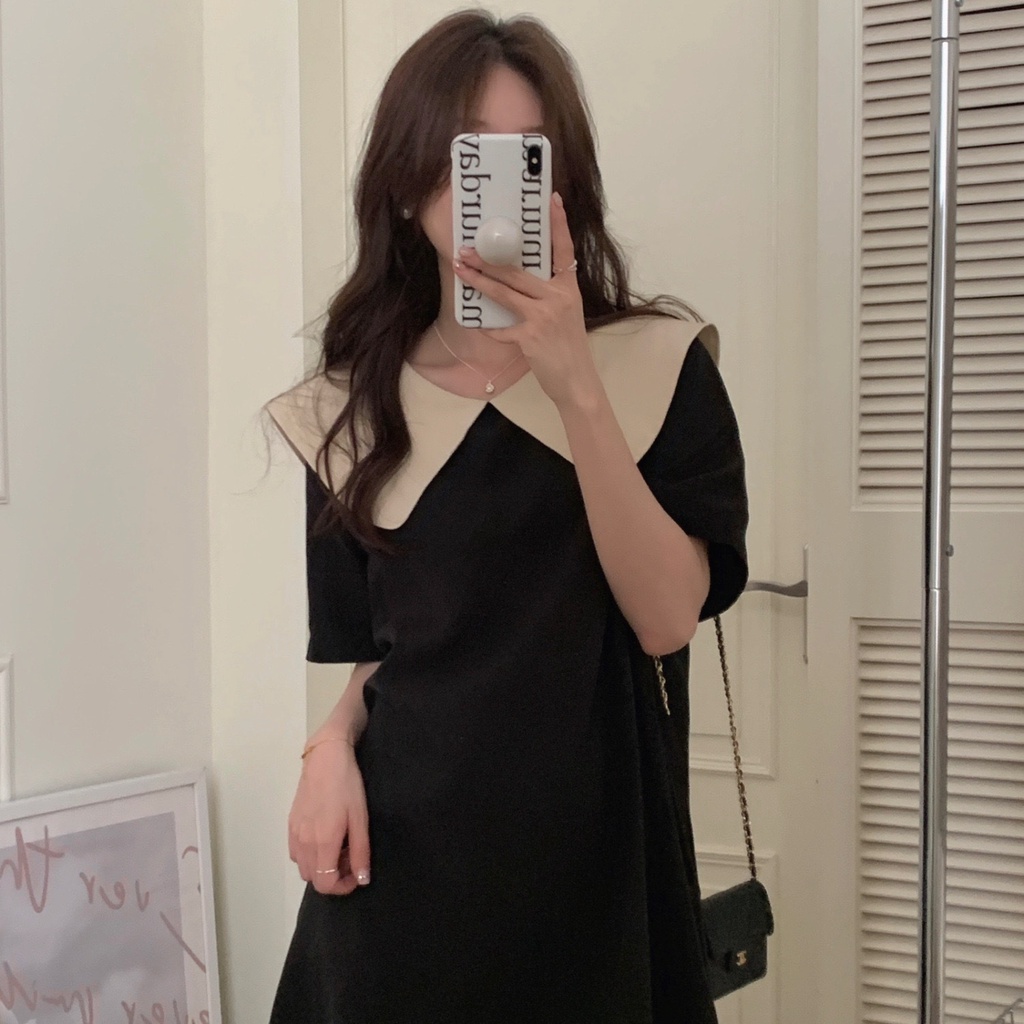 Đầm Cổ Búp Bê Thắt Nơ Trước Và Sau Màu Đen Phong Cách Hàn Quốc Thời Trang Mùa Hè Cho Nữ