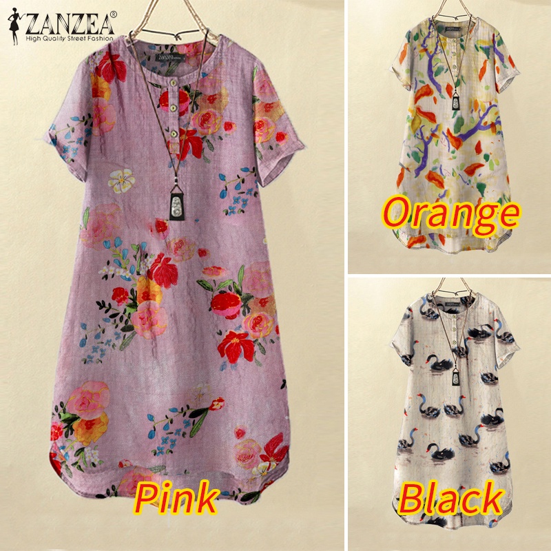 Zanzea Đầm Mini Ngắn Tay Cổ Tròn Form Rộng In Họa Tiết Thời Trang Cho Nữ