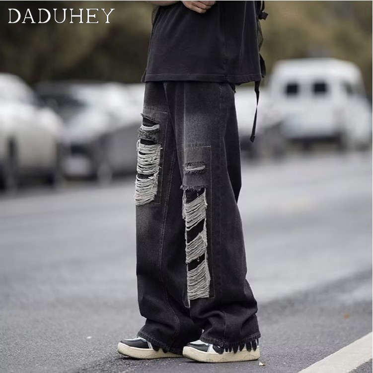 DaDuHey Men's and Women's 2023 New Retro High Street High Waist Loose All-Match Ripped Jeans Hong Kong Style Ins Hip Hop Trend Baggy Straight Casual Pants
