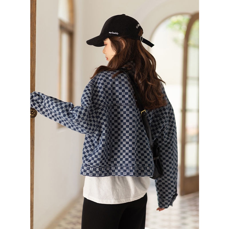 [Spot] Áo Khoác Dáng Rộng Họa Tiết Kẻ Ô Màu Xanh Dương Thời Trang Phiên Bản Hồng Kông