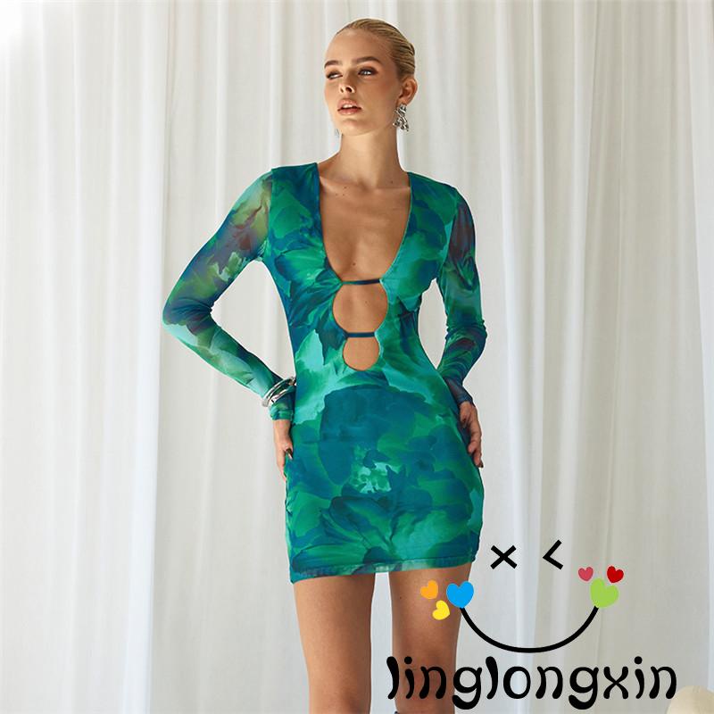Đầm Ôm Dài Tay In Họa Tiết Màu Nhuộm Cổ Khoét Sâu Linglongxi2 Dành Cho Nữ