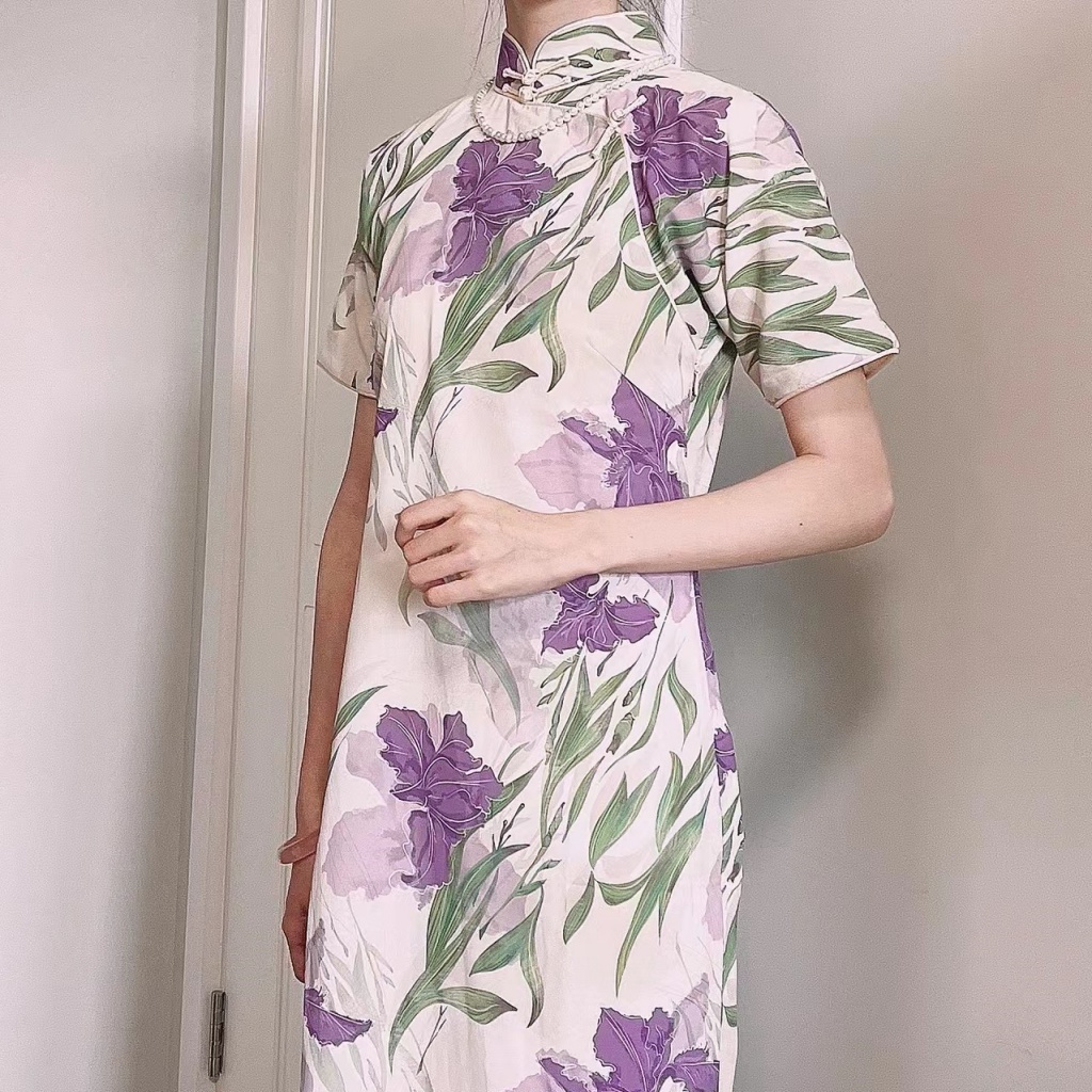M &amp; E New Style Sườn Xám Chiffon Dáng Dài Phẳng Vai Phong Cách Retro Mùa Hè 2023 Hàng Mới Chính Hãng Dành Cho Bạn Nữ