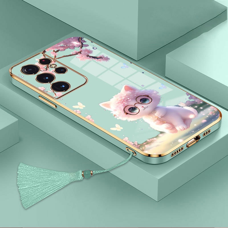 Ốp Điện Thoại TPU Silicon Mềm Mạ Viền Hình Mèo Kèm Dây Đeo Cho Samsung S23 Ultra S23 Plus S23