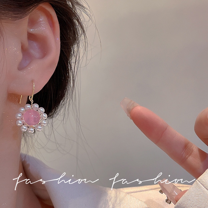 Khuyên Tai Đính Đá Opal Hồng Ngọt Ngào Cao Cấp Thời Trang Mùa Hè Cho Nữ