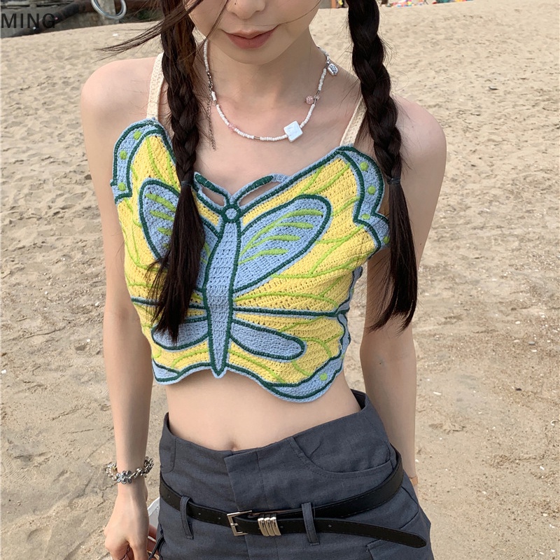 Áo Hai Dây Dệt Kim Họa Tiết Bướm Rỗng Gợi Cảm Mùa Hè Cho Nữ