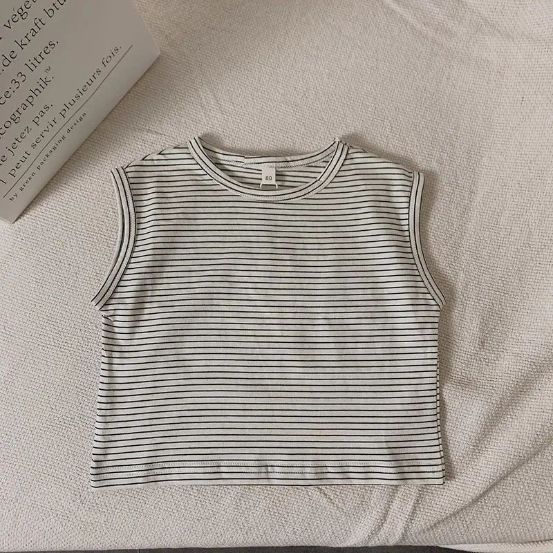 Áo Thun Cotton Không Tay Họa Tiết Kẻ Sọc Thời Trang Mùa Hè Phong Cách Hàn Quốc Cho Bé Trai Và Gái