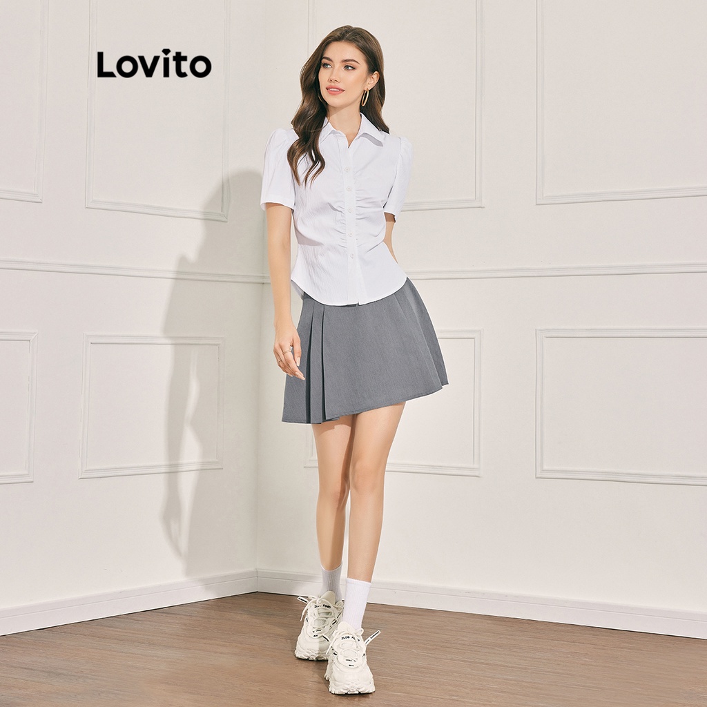 Chân váy nữ xếp li dây kéo lưng cao trơn đơn giản Lovito L36LD033 (Xám)