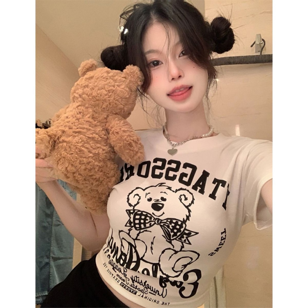 Áo baby tee Thun croptop nữ Tay Ngắn Dáng Ôm Hở Rốn In Hình Gấu Thời Trang Mùa Hè Hàng Mới Dành Cho Bạn Nữ