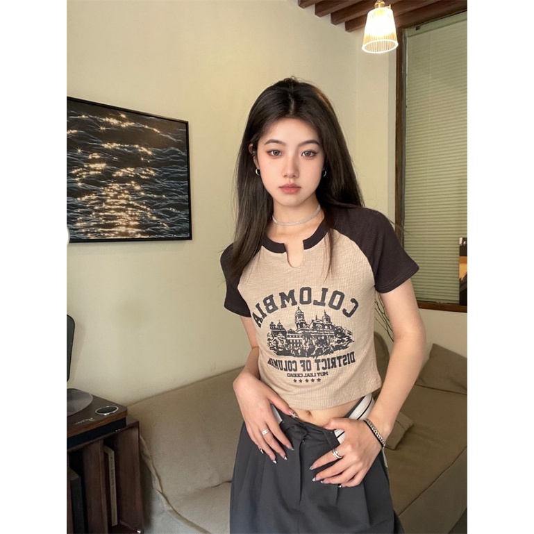 Áo baby tee Thun croptop nữ Raglan Tay Ngắn Dáng Ôm Màu Sắc Retro Dành Cho Nữ