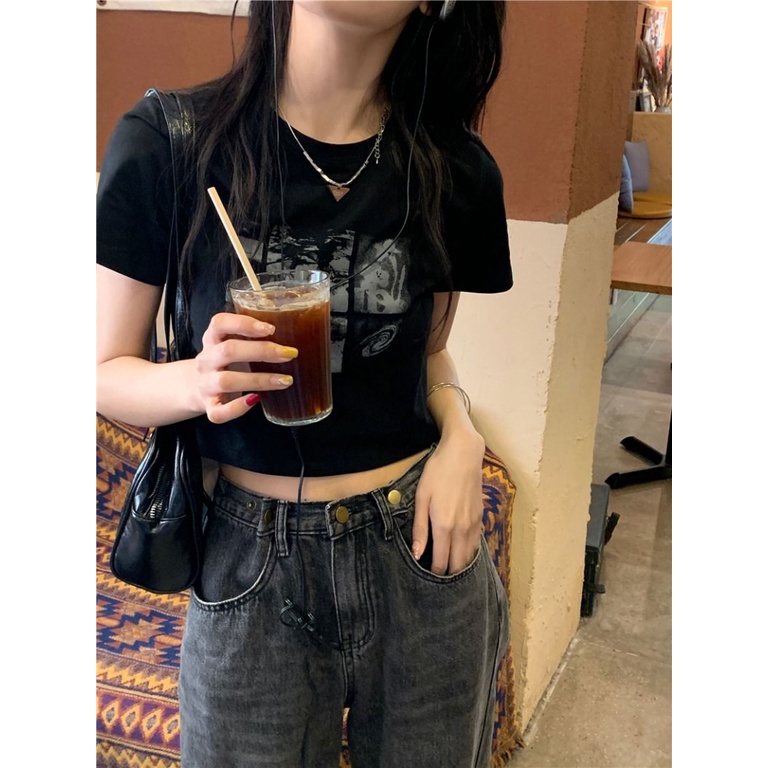 Áo baby tee Thun croptop nữ Đen Trễ Vai Ngắn Tay Ôm Dáng Phong Cách Retro Cho Nữ