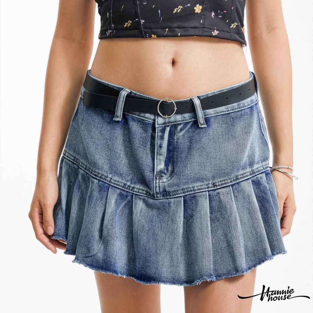 Hannie- Chân Váy Jean Mini Xếp Ly Lưng Thấp Thời Trang Cho Nữ
