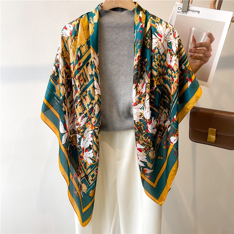 Khăn Choàng Vuông 110cm Vải Satin Họa Tiết Hoa Thời Trang Mùa Hè
