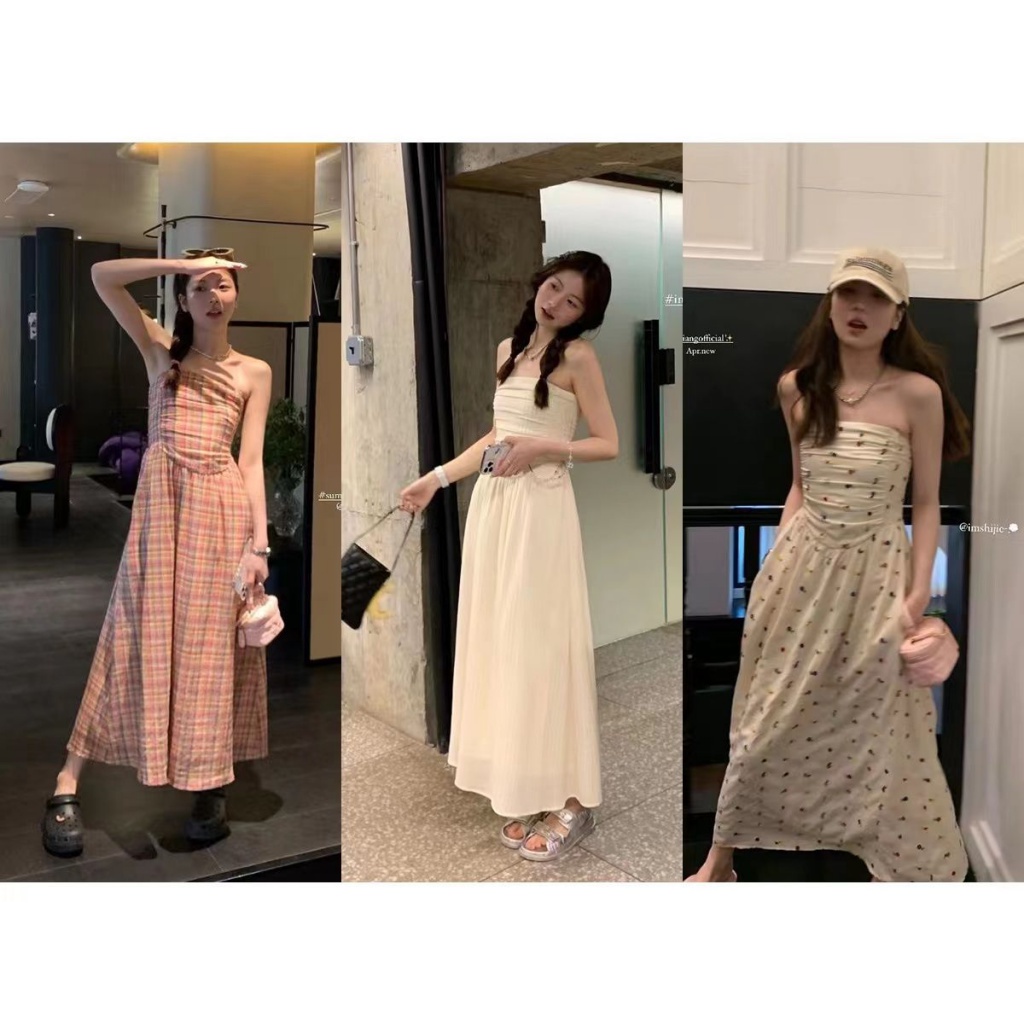 [F &amp; X] Niche Đầm Ống Xếp Ly Dáng Dài Eo Cao Ôm Ngực Phong Cách Xuân Hè Độc Đáo Cho Nữ