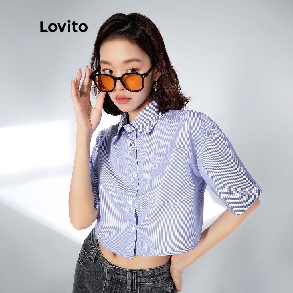 Lovito Áo Sơ Mi Tay Lửng Kẻ Sọc Thời Trang Cá Tính Cho Nữ L33AD062 (Xanh lam)