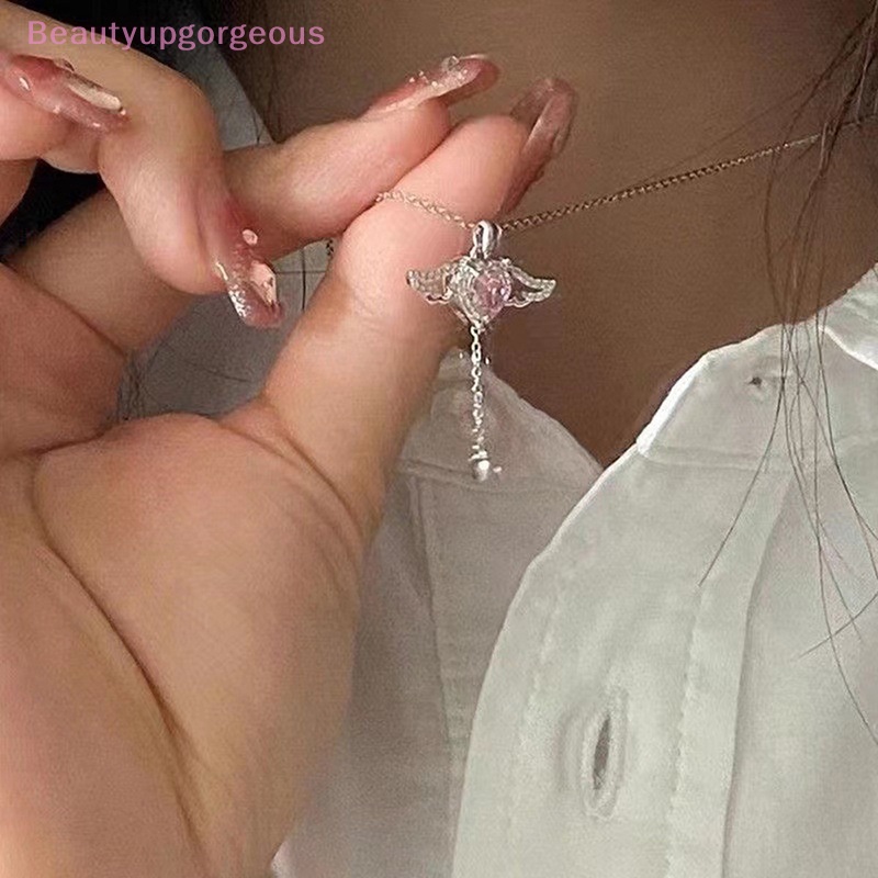 [Beautyupgorgeous] Vòng cổ Mặt Trái Tim Đôi Cánh Thiên Thần Đính Pha Lê Hồng Tối Giản Cho Nữ