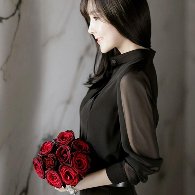 Áo Sơ Mi Chiffon Cổ Đứng Tay Dài Dáng Rộng Phong Cách Hàn Quốc Thời Trang Mùa Xuân 2023 Cho Nữ