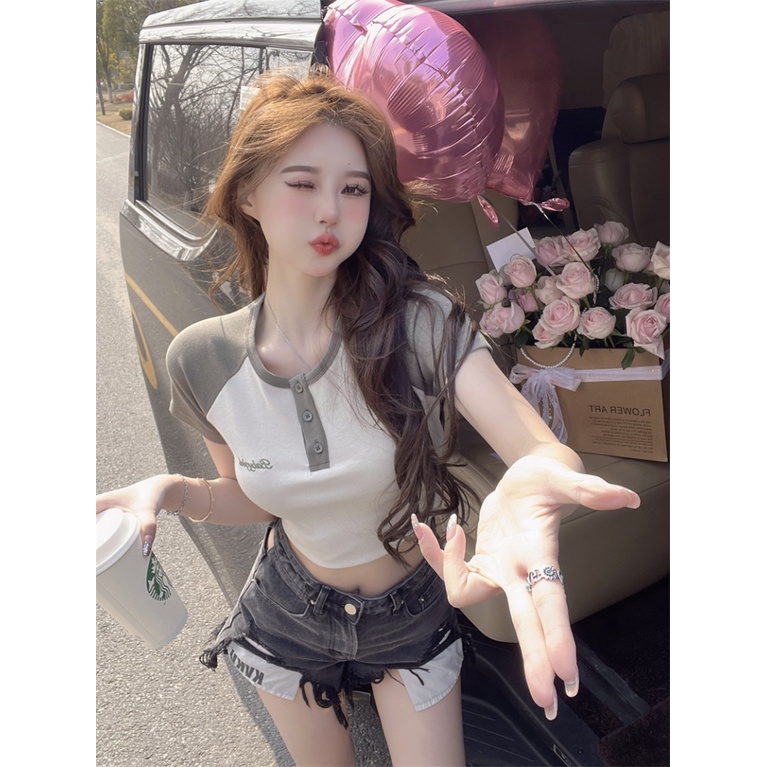 Áo Croptop Tay Ngắn Cổ Tròn Dáng Ôm In Họa Tiết Thời Trang Mùa Hè Xinh Xắn Cho Nữ