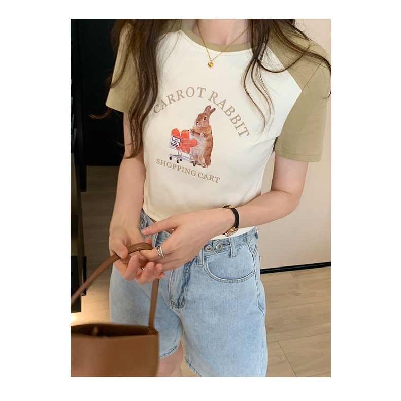 SUXI Áo Thun Croptop Tay Ngắn Dáng Ôm In Hoạt Hình Thời Trang Xinh Xắn Cho Nữ