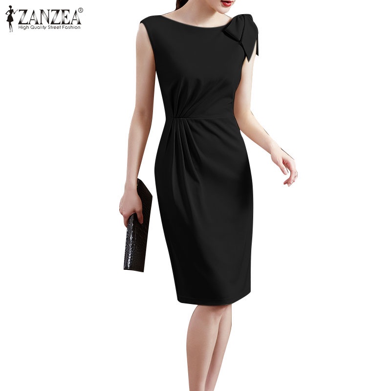 Đầm Chữ A Không Tay Cổ Tròn Màu Trơn Phong Cách Hàn Quốc Cho Nữ ZANZEA