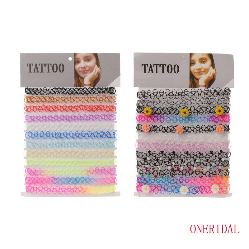 Set 12 Vòng Cổ Choker Co Giãn Hình Xăm Màu Cầu Vồng Thanh Lịch