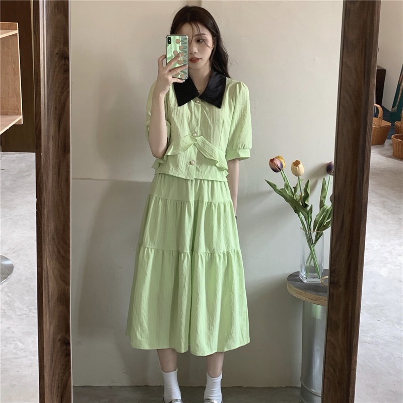 Set Áo Polo Cổ Bẻ Màu Tương Phản Phối Chân Váy Chữ A Lưng Cao Thời Trang Hè Hàn Quốc Cá Tính Cho Nữ