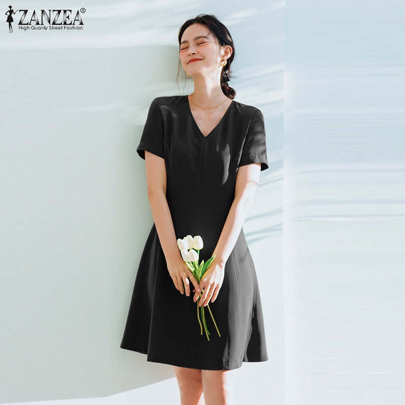 Đầm chữ A ZANZEA tay ngắn cổ chữ V thời trang Hàn Quốc cho nữ