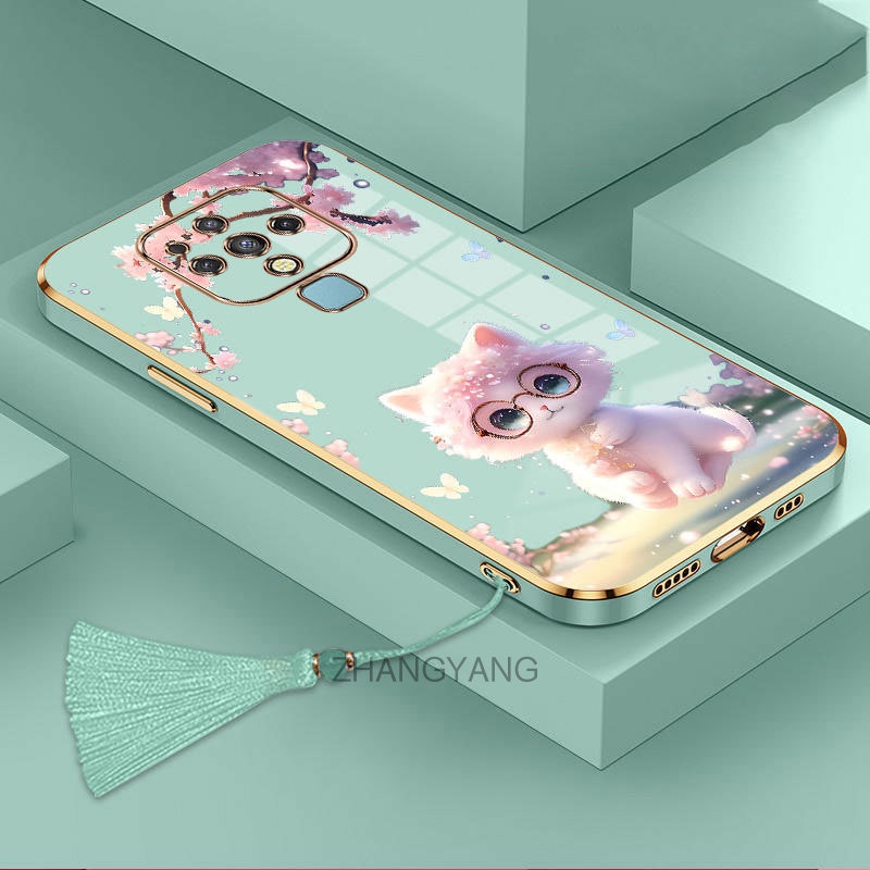 Ốp Điện Thoại TPU Silicon Mềm Mạ Viền Hình Mèo Kèm Dây Đeo Tua Rua Cho Tecno camon 16