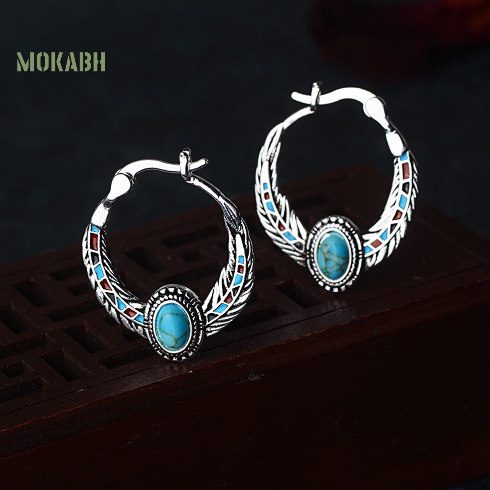 Bông Tai Hình Lông Vũ Đính Đá Ngọc Lam Giả Phong Cách Vintage Thời Trang Cho Nữ