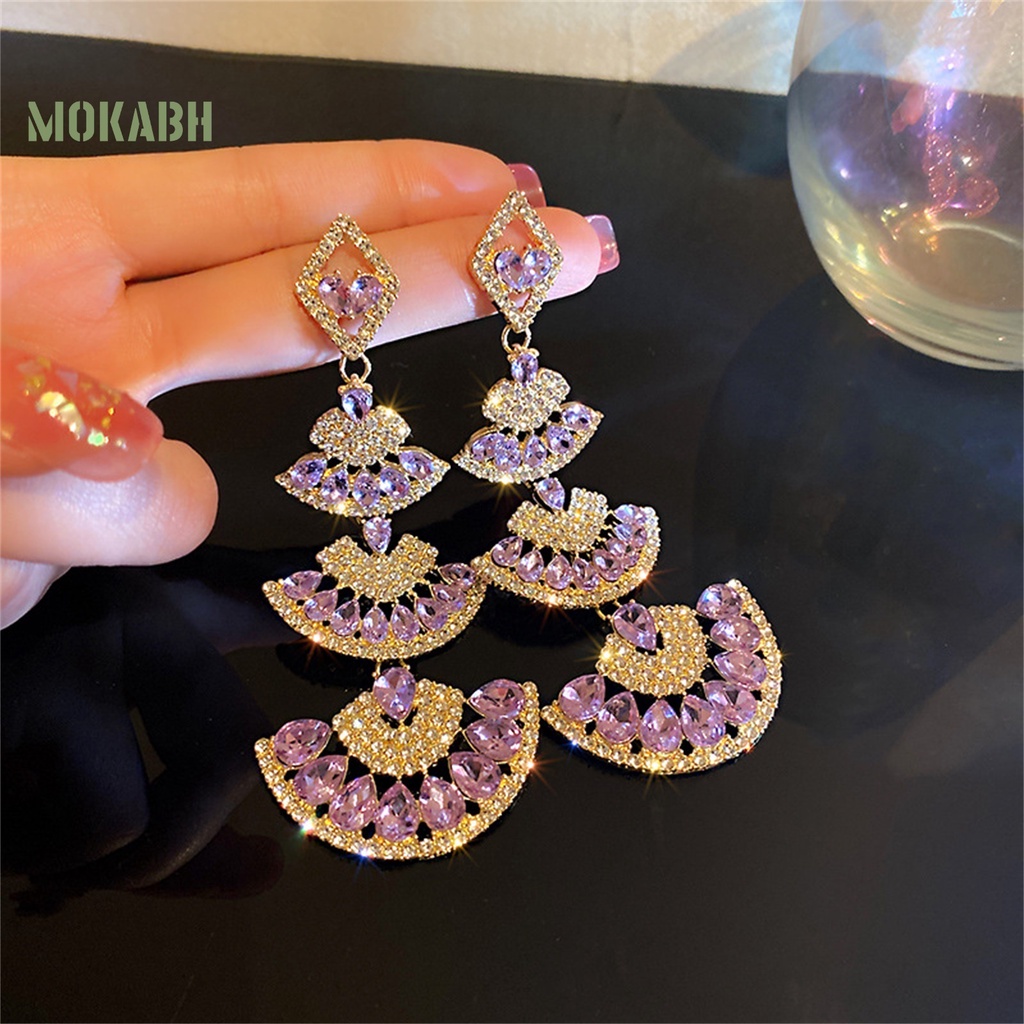 1 Đôi Bông Tai Dài Hình Quạt Đính Đá Lấp Lánh Dành Cho Nữ