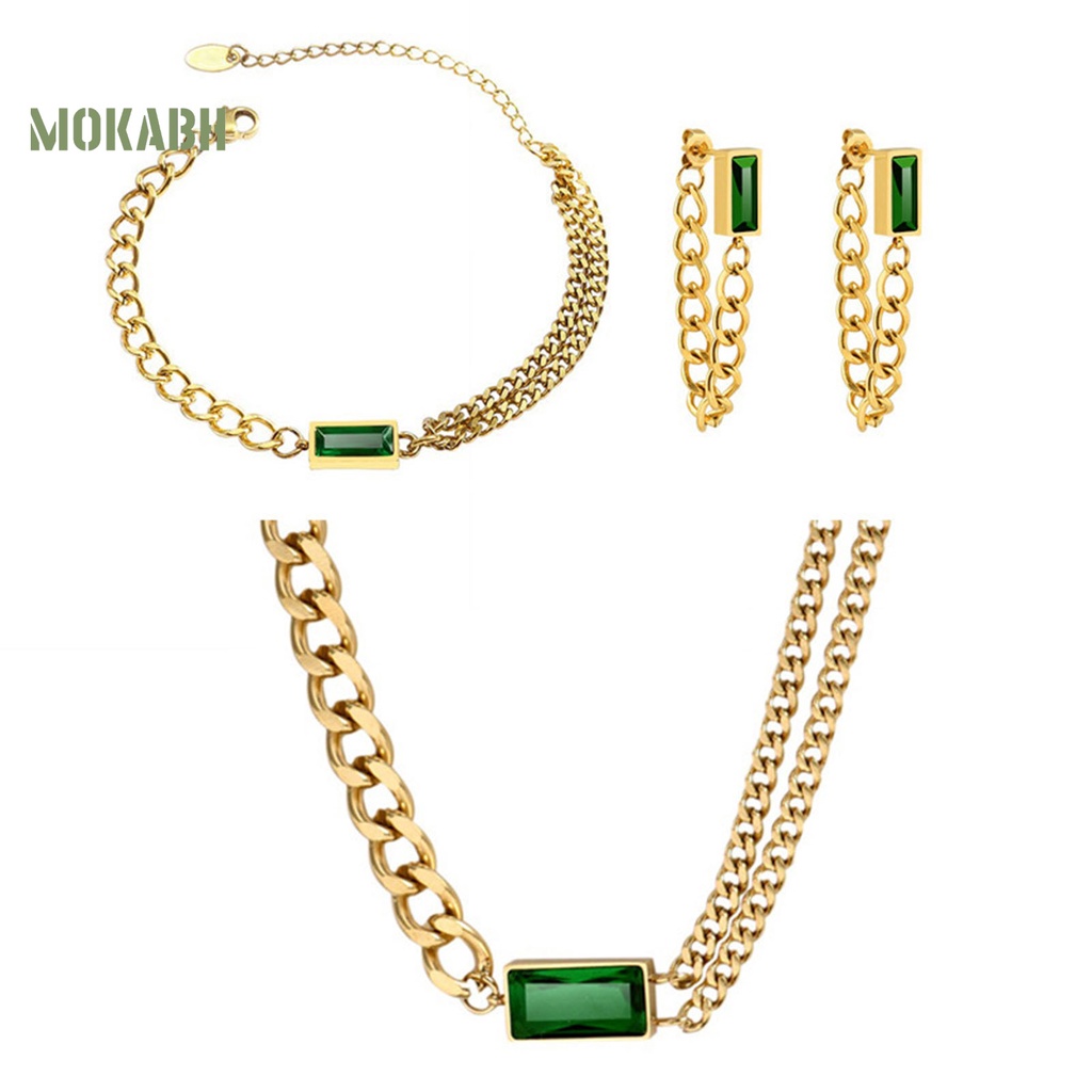 [Mới] Set Vòng cổ + Bông Tai + Vòng Tay Mạ Điện Mặt Vuông Đính Đá Zircon Vintage Cho Nữ