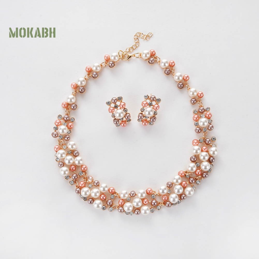 Set 2 Vòng cổ + Bông Tai ĐíNh NgọC Trai Giả ThờI Trang