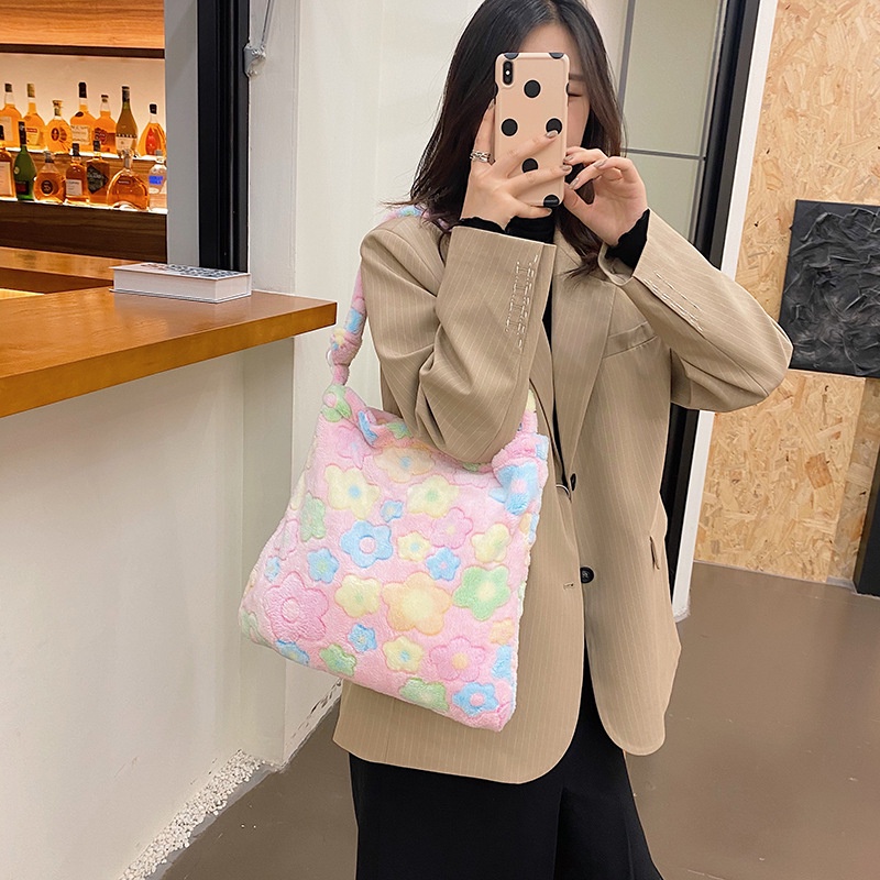 Nallcheer Túi Xách Đeo Vai Phủ Lông Họa Tiết Hoa Cỡ Lớn Thời Trang Cho Nữ